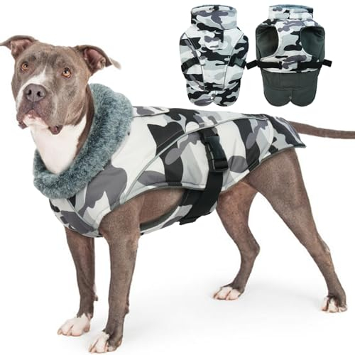 Winter-Hundemantel, wasserdicht, warm, für den Innenbereich, Hundemantel, Schneeanzug, gepolsterter Mantel, Bequeme Hunde-Schnee-Jacke für große Hunde (weiß, Camouflage, Größe 2XL)