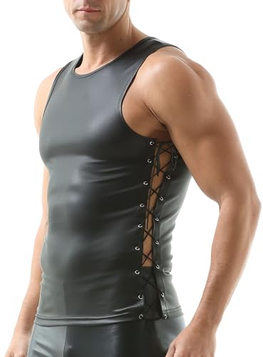 QiaTi Herren Leder Tank Top Geschnürt Leder ärmelloses Shirt Runder Hals Herren Kunstleder Weste Unterhemden Rave Tanz