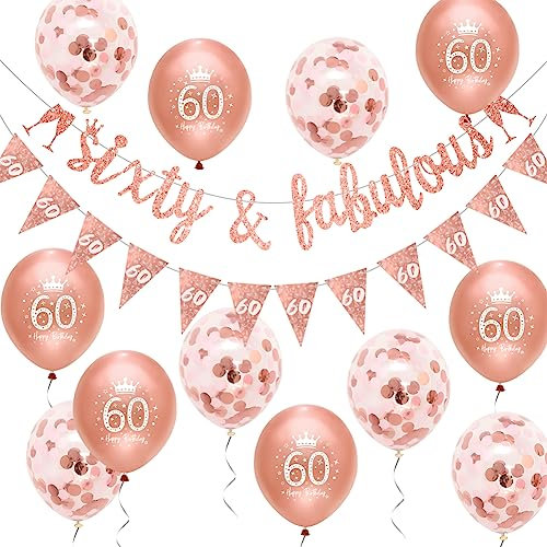 Women 60th Birthday Decorations Rose Gold Glitter Sixty & Fabulous Banner Balloons Happy 60th Birthday Party Decorations Glitter 60 & Fabulous Banner Bunting Kit by Wonsta