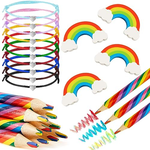 Tenare 30 Stück Regenbogen Schreibwaren Set inklusive 10 Regenbogen Buntstifte 10 Regenbogen Radiergummis 10 Verstellbare Herz Seil Armbänder für Damen Party Regenbogen Mitgebsel
