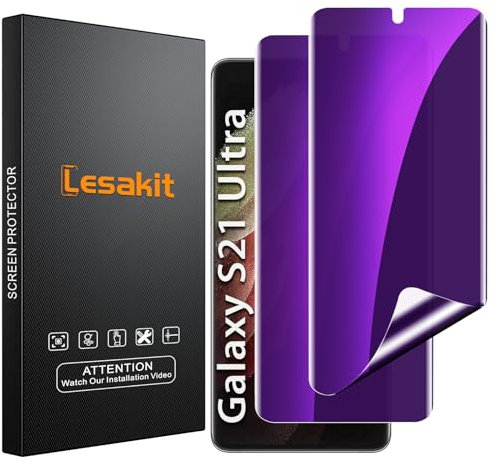 Lesakit 2 Pièces Anti lumière bleue Protection écran pour Samsung Galaxy S21 Ultra, Anti-Espion TPU Film, Bord incurvé Plein Couverture, Sans Bulle, Sensible au Toucher – Violet