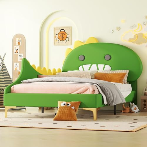 MYBOO Kinderbett 90 x 200 cm mit Lattenrost, Cartoon Dinosaurierform Kinder Bett Einzelbett Bettgestell Jugendbett Bettrahmen Bett für Jungen und Mädchen, PU, Grün, ohne Matratze