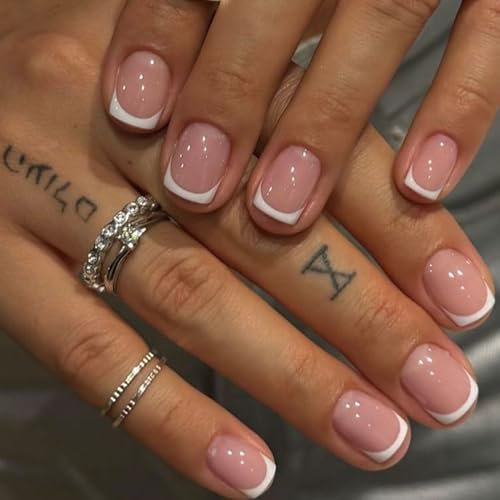 DMQ French False Nails, 24Pcs Square Press on Nails Short, Full Cover False Nails Nude White Square Stick on Nails - French Fake Nails Stick on Nail for Women and Girls Nail Art