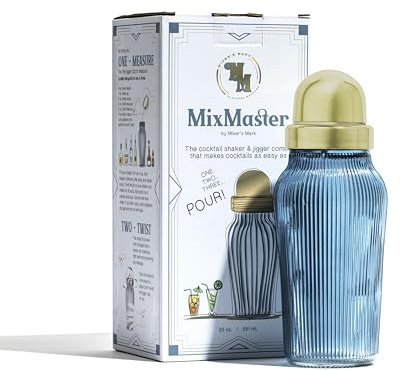 The MixMaster Cocktail Shaker with Strainer and Jigger Measuring Cap - Art Deco Leakproof Glass Drink Mixer for Crafting Cocktails - Innovative Home Bartending Supplies and Accessories - Blue