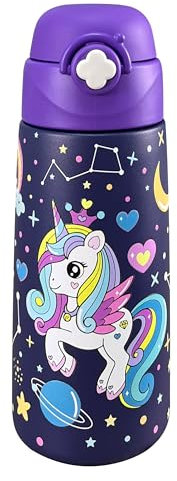 Kiocko Gourde Isotherme Pour Enfant Avec Paille,Acier Inoxydable - 500 Ml - Certifié TüV - Sans Bpa - Anti-Fuite - Bouteille D'Eau Isotherme Pour L'éCole, La Maternelle (Violet-Licorne-1)