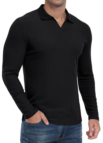 QIXING Mens Long Sleeve Polo Shirts Slim Fit V-Neck Ribbed Knit Golf T Shirt Casual Spring Autumn Shirt for Men UK for Golf, Casual and Work Wear(Black, L)