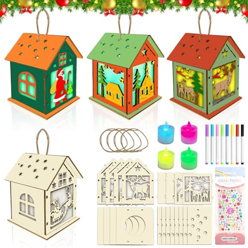 Lets Joy Weihnachtshaus Basteln Kinder, 4 Stück Weihnachten Haus Bastelset, DIY Weihnachtlicher Holzbausatz, Kreativsets Basteln mit Seil Aufgehängt Kinder Weihnachtsdeko Partygeschenke