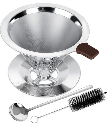 Pour Over Coffee Dripper, LOOFORE Stainless Steel Coffee Filter, Metal Cone Filter Paperless Reusable Coffee Filter Single Cup Coffee Maker 1-2 Cup, with Spoon and Silicone Tray, Cleaning Brush