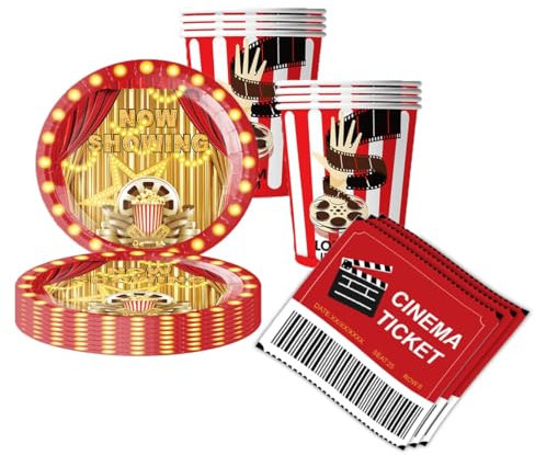 Partygeschirr Set, filmabend Partygeschirr Set,filmabend Geburtstag Deko Mit Teller Servietten Tischdecken, Partydekoration Geschirr Party Supplies Set (Rot gold)