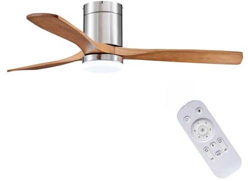 XUANYU Deckenventilator mit Licht und Fernbedienung, leiser Deckenventilator, mit Deckenleuchte, Deckenventilator, LED, mit DC-Motor (Φ132 cm/52 – Silber/3 Holzlamellen)