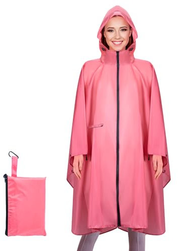 Sensong Poncho Réutilisable Imperméable Femme Unisexe - Capuche, Fermeture Éclair - Pour Randonnée Camping Vélo Rose