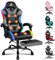 ALFORDSON Sedia da gioco da massaggio con LED, inclinazione di 150°, Sedia ergonomica con poggiapiedi, regolabile in altezza, capacità di carico 180 kg, Ecopelle, Grigio