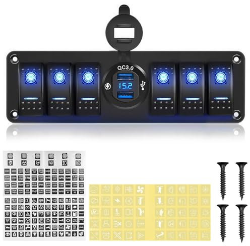 Chelhead 6 Gang Panneau de commutateur pour bateaux, étanche à l'eau, chargeur USB double avec Quick Charge 3.0, panneau de commutateur à bascule pour barre d'éclairage de voiture 12V