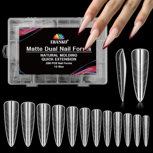 EBANKU 288 PCS Clear Full Cover Dual Nail Forms System Coffin Nail Mold Tips Acrylic Stiletto Nail Extension Tools for Nail Art Salon Nails Design