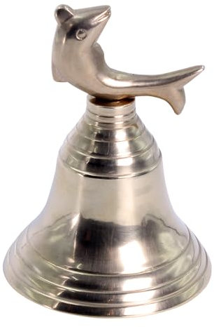 THE Unltd India Handglocke aus massivem Messing mit Delfingriff, super laut, kleine Glocke für die Schule mit Messing-Klappe für Hotel, Empfang, Abendessen, Bibliothek, Kneipe, Schule, Tierspiele