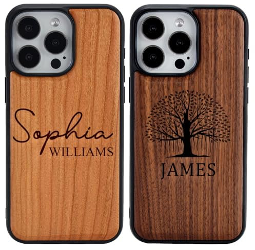 Generisch Personalisierte Holz-Handyhülle für iPhone 16,15,14,13,12,11-Pro Plus Max, Handyhülle mit Namen, Pärchen Handyhülle, Text mit Laser GRAVIERT