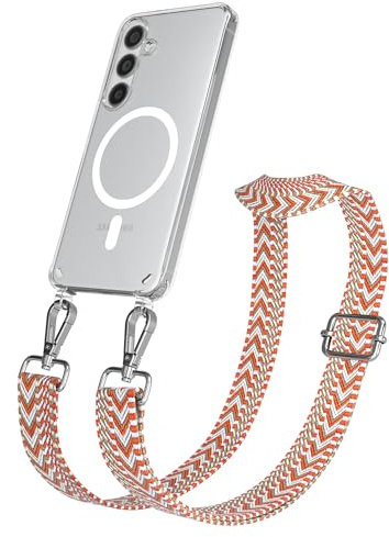 EAZY CASE Handykette - Verstellbares Taschenband kompatibel mit Galaxy S24, Schulterriemen, Handykordel mit Silikon Hülle, Qi Charging kompatibel, Umhängetasche, Blau Rot Silber