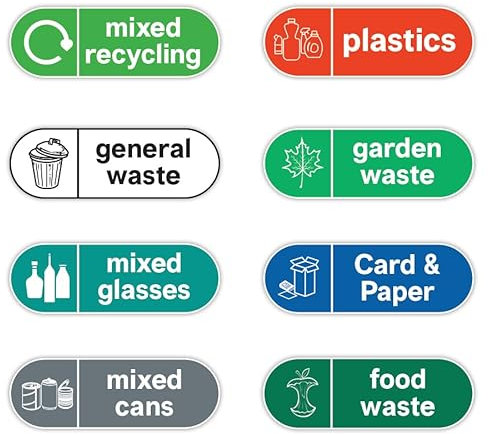 Pack of 8 General Waste Stickers for Bins Self Adhesive Recycling Stickers for Bins (150 x 50 mm) Recycling Labels for Bins