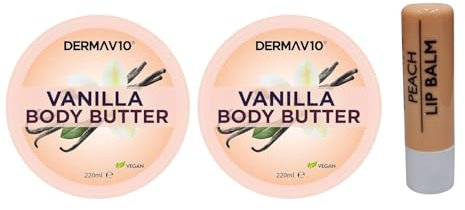V10 Vanilla Body Butter, Vegan Friendly Twin Pack 220ML With Free Peach Lip Balm
