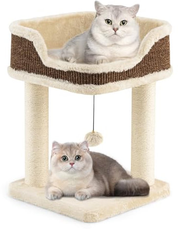 COSTWAY Petit Arbre a Chat 51 cm, 2 Poteaux à Griffer en Sisal, 2 Plateformes, Peluche Douce, Pompon Suspendu, Arbre a Chat Bois, Montage Facile, Charge 10 kg, 38 × 38 × 51 cm (Beige)