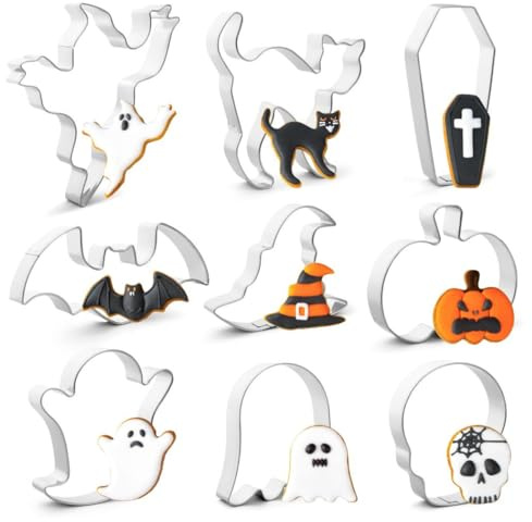 Celblisora 9-teilig Halloween-Ausstechformen-Set,Edelstahl, Metall, Halloween-Ausstechformen,Formen Kürbis,Geister,Fledermaus,Schwarze Katze,Hexenhut,Totenkopf,Sarg