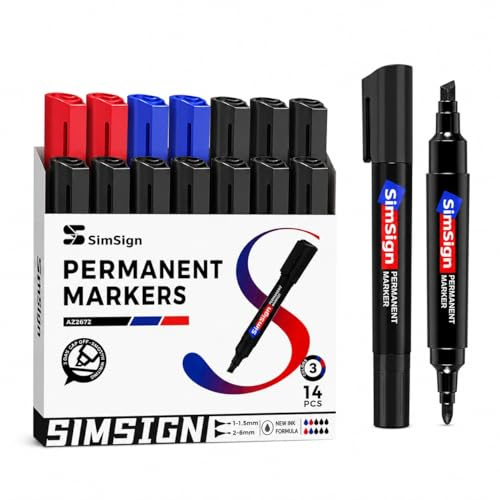 SimSign 14 Pack Dual Tip Permanent Marker Pens, 10 Black 2 Blue 2 Red Colored Marker, Chisel & Fine Tip, Waterproof & Quick Dry Thick Markers, Works on Most Surfaces, for Office School Art