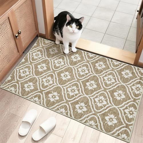 Waschbarer Kleiner Teppich 60X100cm, Fussmatte Innen Ultradünner, Beige | Teppiche Mit Marokkanischem Muster, Schmutzabweisend Für Flur, Kinderzimmer, Küche, Schlafzimmer