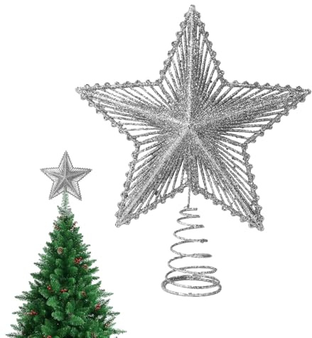 SSKHE Stern Spitze Weihnachtsbaum – Dekoration Stern Glitter Christmas Tree Topper Decoration Christmas Tree Star Decorations Wiederverwendbar, Star Glitter, Weihnachtsdekoration, Festlicher (Silber)
