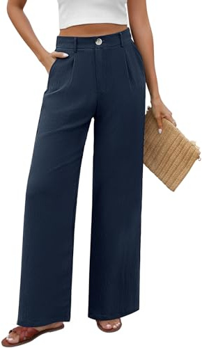 PASUDA Pantalon Femme Été Fluide Pantalons Taille Haute Elastique Léger Ample avec Bouton Pantacourt avec Poches Longueur Droit Pants Chic Décontractée Travail (Bleu Marine, L)