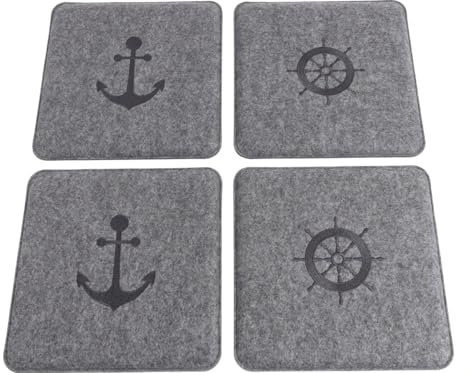KAMACA Sitzkissen 4er Set Maritim 35x35 cm Grau – Filz Stuhlkissen mit Anker & Steuerrad Motiv – Gepolsterte Sitzauflage mit Schaumkern für Stuhl, Esszimmer, Küche, Balkon & Gartenstuhl