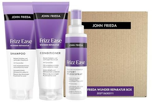 John Frieda Frizz Ease Wunder-Reparatur Vorteilsset - Inhalt: Shampoo, 250ml, Conditioner, 250ml, Pflege-Spray, 200ml - Für widerspenstiges, frizzy Haar