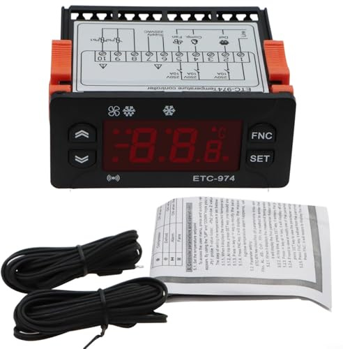 Termostato Digitale ETC-974 per Frigorifero, Controllore Temperatura -50~110°C con Sonda NTC/PTC, Regolatore Refrigerazione e Sbrinamento 230VAC, Allarme Multipli, Installazione Facile(220V)