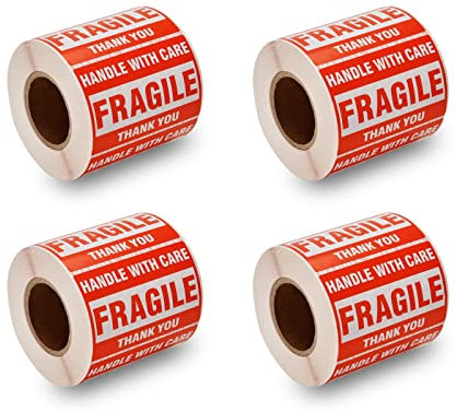 SJPACK 2000 Fragile Stickers 4 Rolls 2 x 3 Fragile - Handle with Care - Thank You Shipping Labels Stickers (500 Labels/Roll)