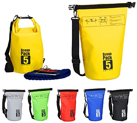 Relaxdays Ocean Pack, 5L, wasserdicht, Packsack, leichter Dry Bag, Trockentasche, Segeln, Ski, Snowboarden, gelb, 38 cm