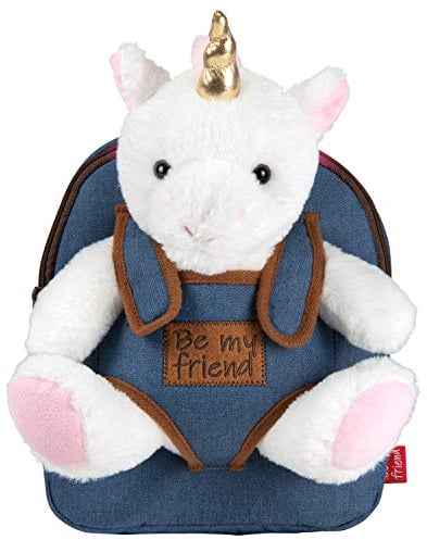 PERLETTI Kuscheltier Einhorn Rucksack für Kinder mit Plüschtier - Pluschspielzeug Weich Flauschig und Kindergarten Schultasche mit Plüsch Unicorn - Baby 3 4 5 Jahren Kindertasche 27x21x9 cm (Einhorn)