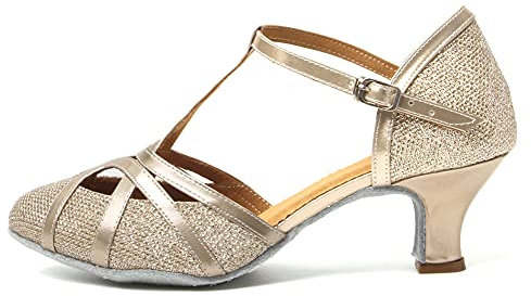 HROYL Women T-Strap Glitter Latin Dance Shoes Low Heel Salsa Tango Ballroom Latin Party Wedding Dancing Shoes,2040-Rose Gold-WM-5,7 UK