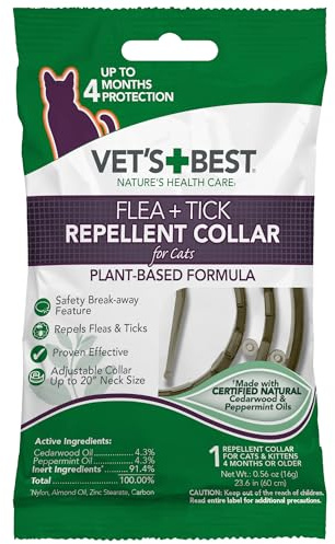 Vet’s Best Flea and Tick Repellent Collar for Cats, Plant-Based Flea and Tick Prevention Collar with Natural Oils, Adjustable Cat Collar Up to 20 Inch Neck