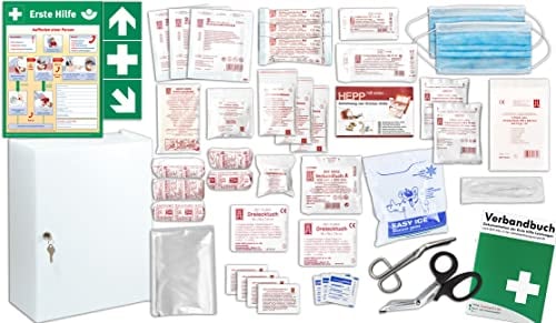 Erste Hilfe Schrank-Medizinschrank-Verbandschrank (315x150x420) -Komplettpaket- Füllung nach AKTUELLER DIN/EN 13157 (Betriebe) + viele Extras INKL. Verbandbuch + Aushang + Folienaufkleber