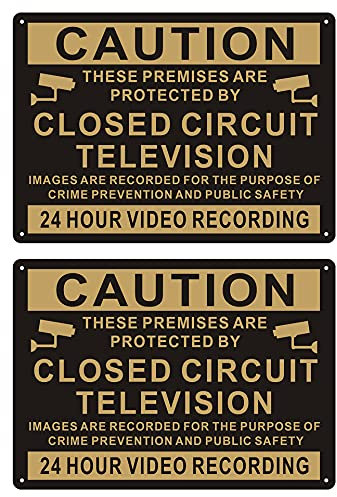 Andchi 2 pcs CCTV 24H Video Surveillance Sign, Closed Circuit Signs, Gold & Black Security Aluminium Metal Waring Signs for Home Yard, 14 x 10 inches