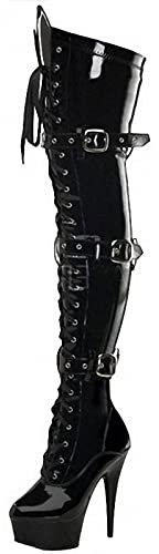 Stivali Alti alla Coscia PU in Pelle Verniciata da Donna Zip Laterale 15CM Stivali Tacco Alto a Spillo sopra Gli Stivali al Ginocchio Sexy Stripper Club Party Shoes,Nero,39 EU