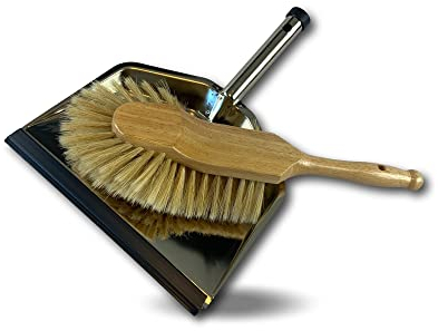 Ensemble pelle balayette luxe | 1 pelle inox + 1 balayette 1/2 tête bois soie blanche | Récupération poussière cendres charbon sable terre | Facile à suspendre | Kibros PELINOX2