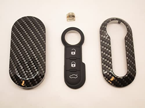 Cover Chiave Guscio + Tasti Gomma + Gancio Portachiavi Compatibile Con Fiat 500 Grande Punto Evo Bravo Panda 500L Lancia Y Ypsilon Musa Delta Scocca Carbon Look Telecomando (Carbon + Tasti + Gancio)