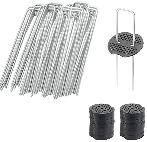 AstarFavor 50 Agrafes de Jardin avec 50 Rondelles, Ancrage au Sol pour Maille Anti-Mauvaises Herbes, Piquets de Camping, Piquets en Forme de U, 150 mm de Long, 2,5 mm de Diamètre