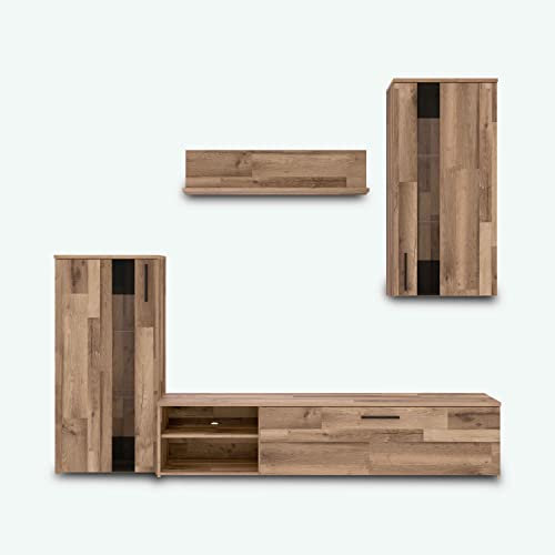 AVANTI TRENDSTORE- Fiorenza -Parete da soggiorno, 4 componenti in quercia selvatica, moderna parete attrezzata per il salotto. Dimensioni: LAP 213x184x41,3 cm