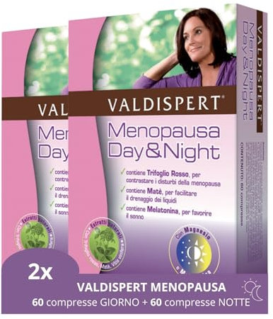 Valdispert Menopausa Day & Night, 60 Compresse Giorno e 60 Notte, Integratore Menopausa con Trifoglio Rosso, Magnesio, Melatonina e Matè, 120 Compresse