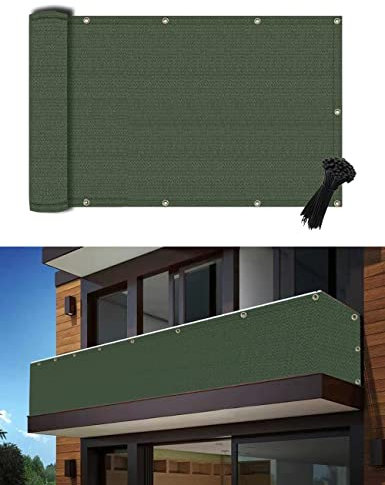 POYEE Brise Vue Balcon 90x500cm, Résistant aux UV et Imperméable - Protection Contre Le Vent et Les Intempéries pour Jardin et Balcon avec Attaches Zippées - Vert Foncé