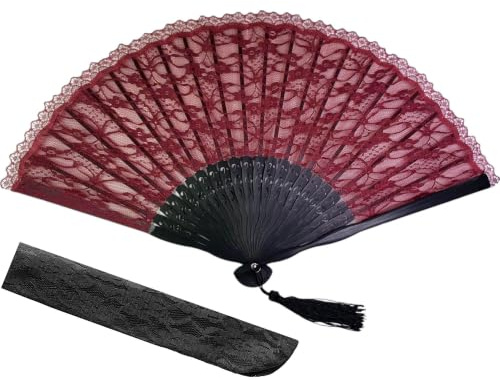 GFM® Spanish Lace Handheld Folding Hand Fan - for Summer, Wedding, Gypsy Fans, Party Favour (AA) (Spfan1-Wine Red) (Spfan1-A-WLLKL)