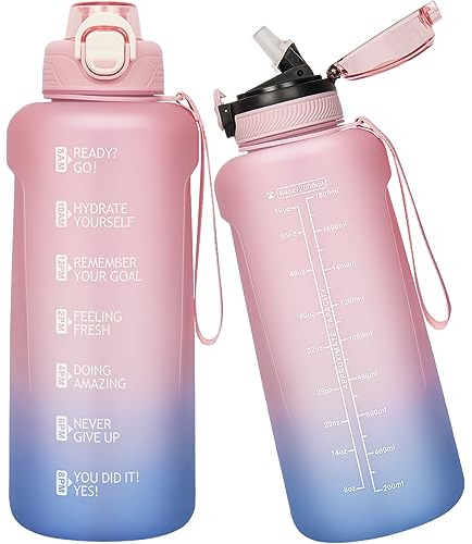 Seekua Sport Tritan Gourde 2l avec Paille & Marqueur de Temps, grosse Motivation Bouteille d'eau sans bpa reutilisable pour Gym, Fitness, 2 Couvercles, 2 litres