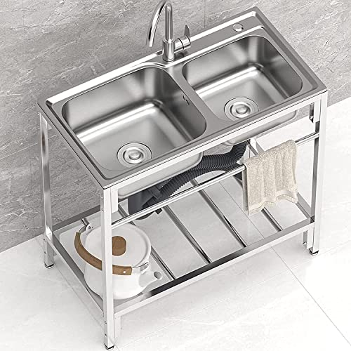 Fregadero de camping Fregadero de cocina fregadero comercial de acero inoxidable de doble cubeta con soporte y grifo de agua fría y caliente para bar cocina restaurante al aire libre garaje jardín