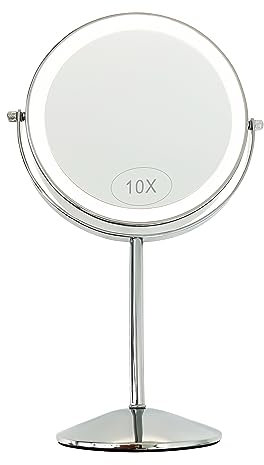 Yarhom Mirror With Lights for Makeup Desk, Rose Gold Magnifying, 1X/10X Double-Sided Small Vanity, Tabletop Round With Stand (Bright Silver-10X Magnification)